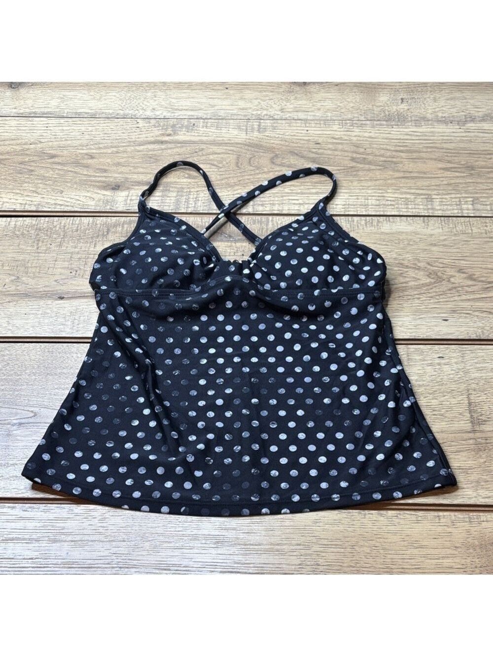 Women’s Athleta Black Polka Dot Tankini Top with Silver Dots Size 32 B/C NWT